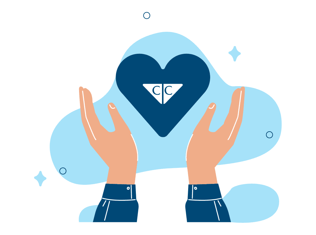 Two hands holding a dark blue heart featuring the Croghan Colonial Bank logo