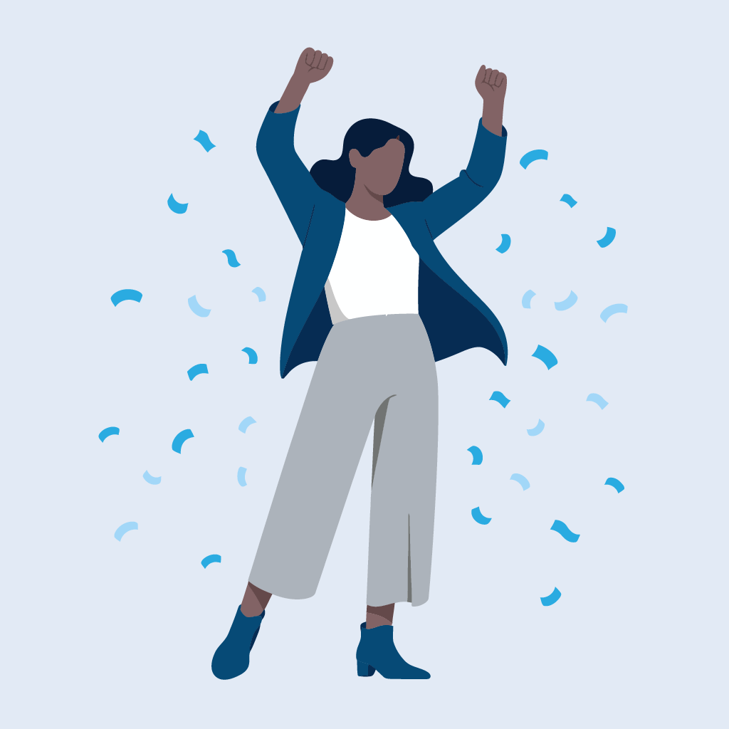 Woman celebrating with fists raised in the air, surrounded by blue confetti