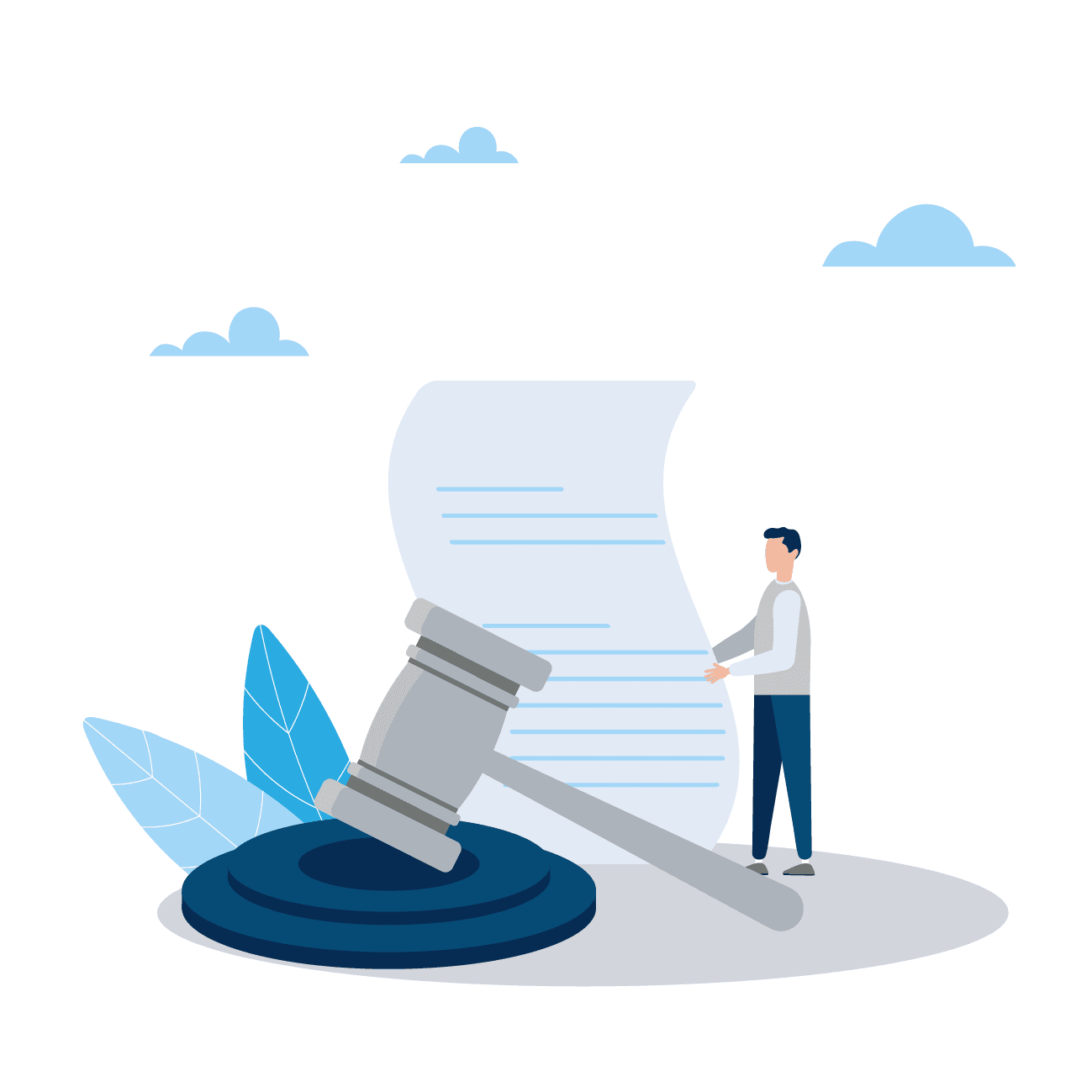 Man standing beside a judge's gavel and a large legal document with text lines