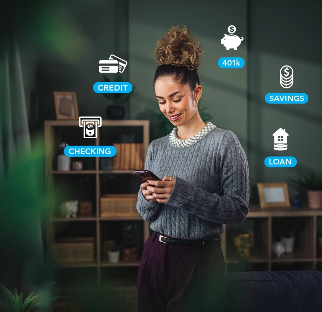 Woman using mobile banking app with icons for checking account, savings, credit, loan, and 401k floating around her