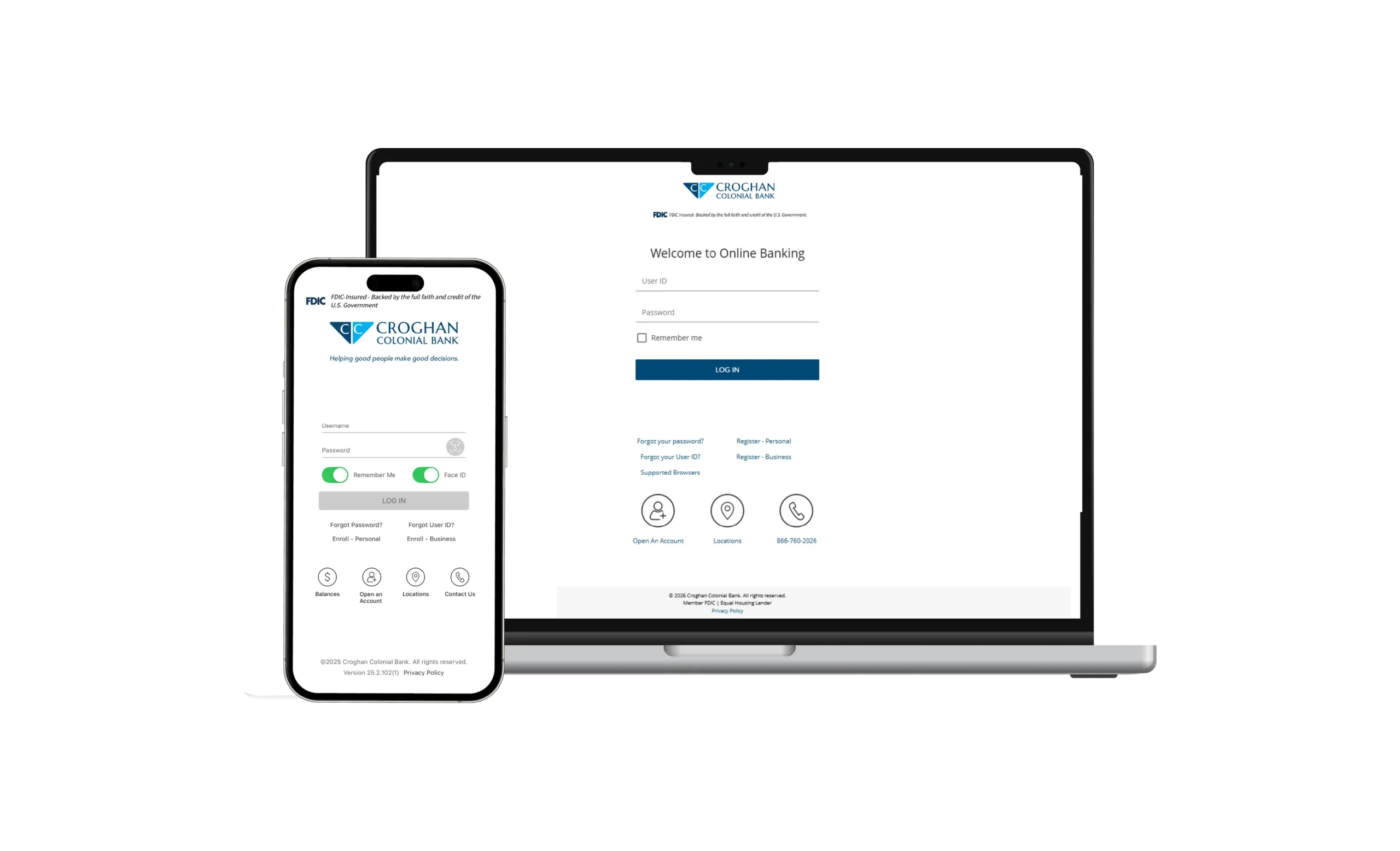 Croghan Colonial Bank online banking login screen shown on a smartphone and laptop