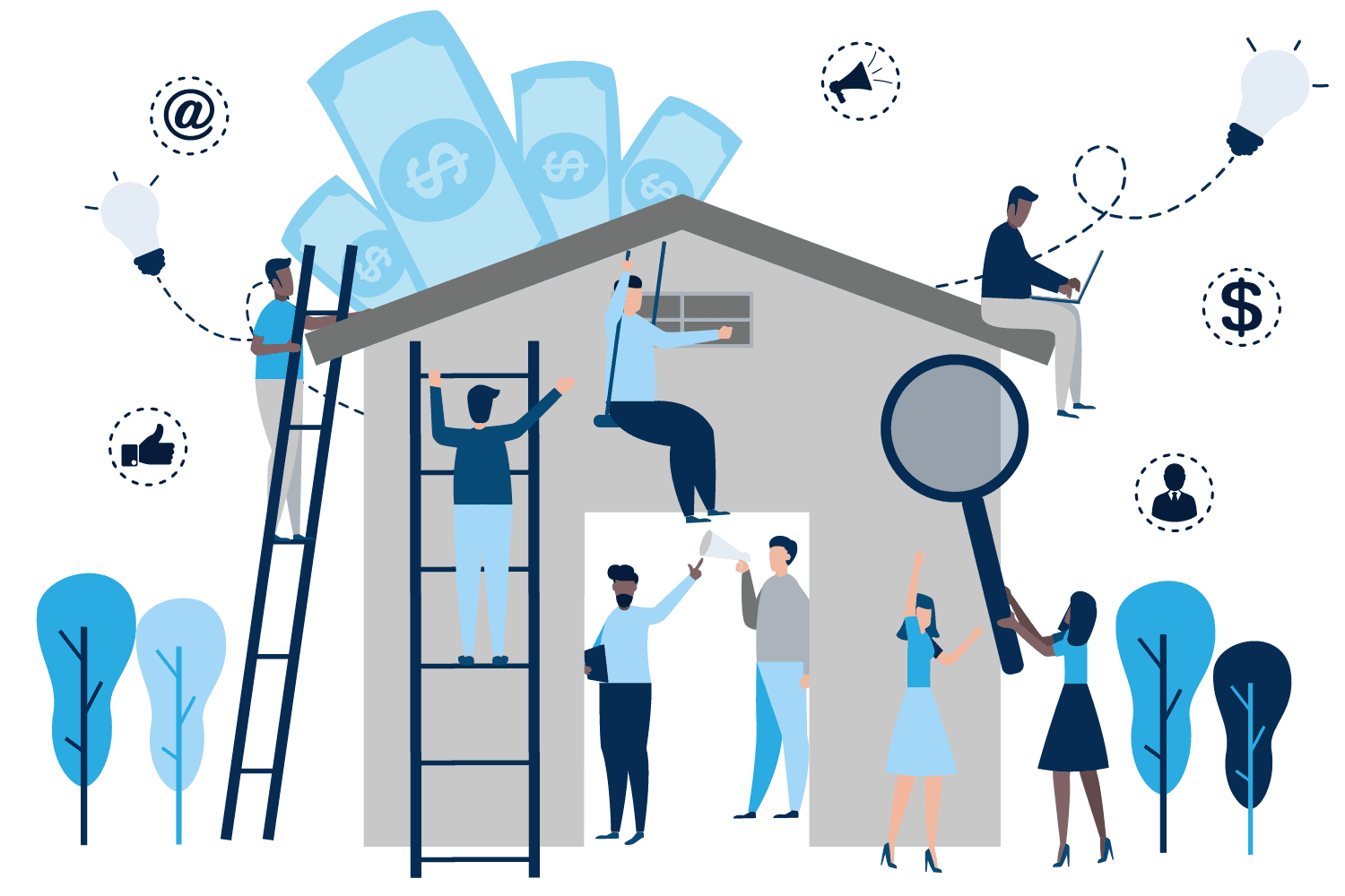 A team of diverse people working together on a house with money bills, ladders, and a magnifying glass