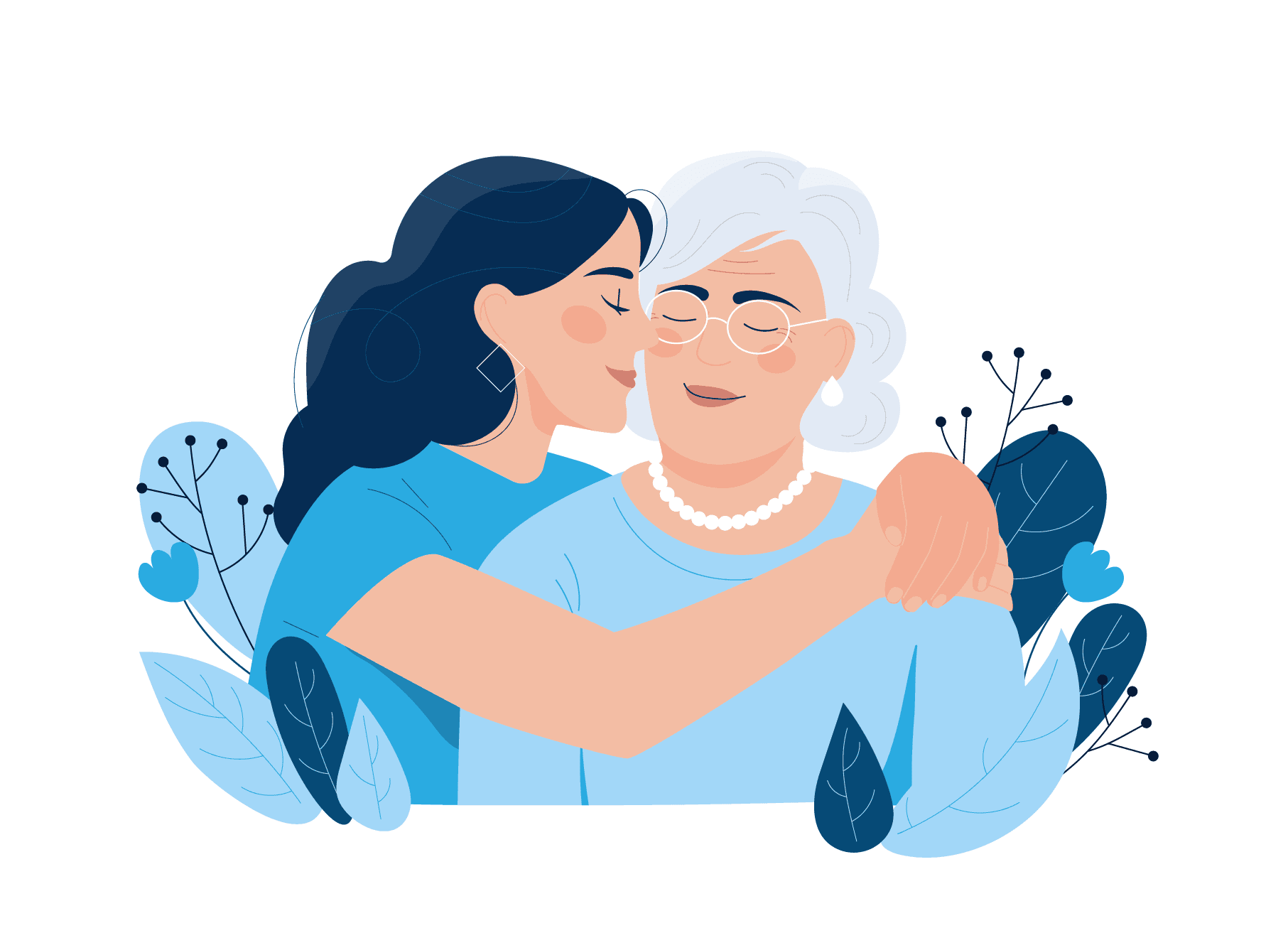 A young woman hugging and kissing the cheek of an older woman with white hair, glasses, and a pearl necklace
