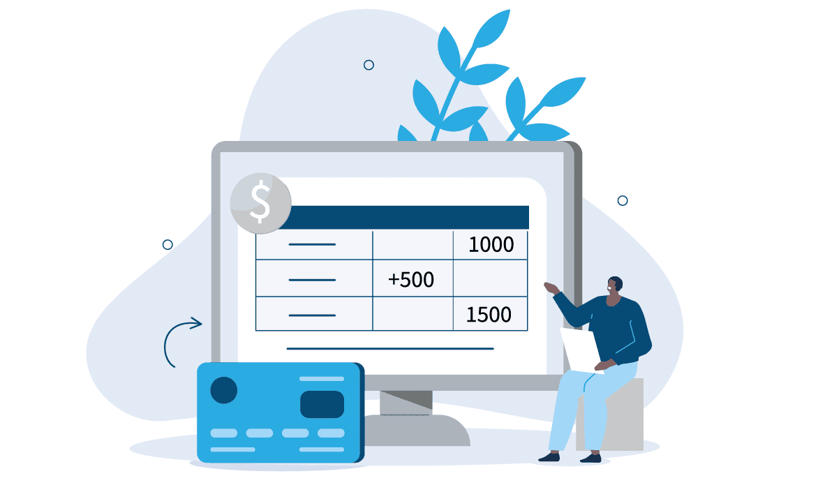 A person pointing to a financial account balance screen showing 1000 plus 500 equals 1500, with a credit card nearby