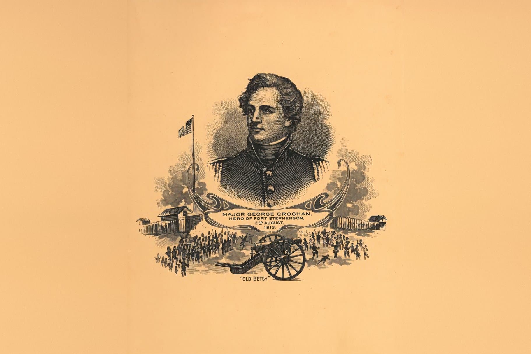 Engraving of Major George Croghan, hero of Fort Stephenson, with the cannon Old Betsy